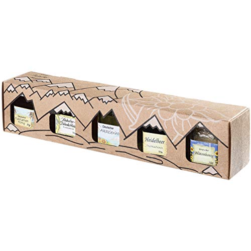 Allgäuer Genuss-Box | Honig und Fruchtaufstriche Geschenkbox mit 5x 50g Feinschmecker-Brotaufstrich von Puntzelhof Allgäuer Delikatessen