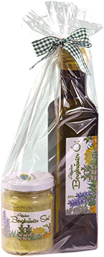 Geschenkset aus dem Allgäu | 150ml Bergkräutersenf und 250ml Bergkräuteröl Olivenöl | Feinste Bergkräuter aus Höhenlagen | Handgemacht und liebevoll verpackt mit Klarsichtfolie und Geschenkband von Puntzelhof Allgäuer Delikatessen