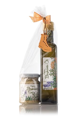Geschenkset aus dem Allgäu | 150ml Bergkräutersenf und 250ml Bergkräuteröl Rapsöl | Feinste Bergkräuter aus Höhenlagen | Handgemacht, liebevoll verpackt mit Geschenkband und hübschem Anhänger von Puntzelhof Allgäuer Delikatessen