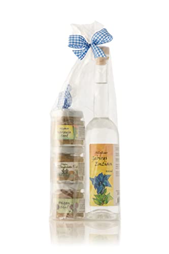 Geschenkset aus dem Allgäu | 200ml Gebirgs Enzian 38% Vol. | Senf Geschenkset | Handgemachte Senfe | Bärlauchsenf, Feigensenf, Bergkräutersenf (200ml+3x50ml) von Puntzelhof Allgäuer Delikatessen