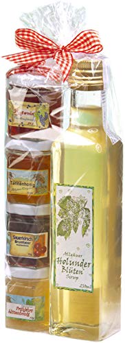 Geschenkset aus dem Allgäu | 250ml feinster handgemachter Holunderblüten-Sirup | Fruchtaufstriche-Honig Geschenkset | Handgemachte Fruchtaufstriche | Deutscher Honig (250ml+4x50g) von Puntzelhof Allgäuer Delikatessen