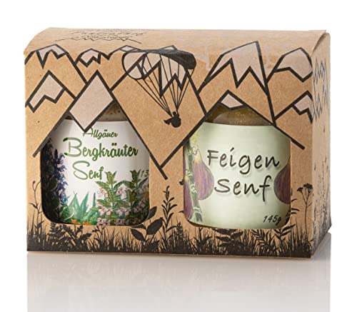 Puntzelhof Genuss-Box Senf - Feinkost Geschenk-Set: 150ml Bergkräutersenf und 150ml Feigensenf - Genuss aus dem Allgäu in der Geschenkbox von Puntzelhof Allgäuer Delikatessen