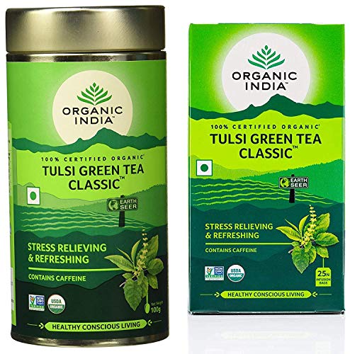 Organic India Classic Tulsi Grüntee 100 g + Bio India Tulsi Green Tea Classic - 25 Teebeutel von Pure Herbs