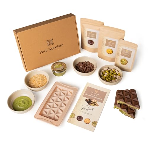 Pure Xocolate DIY Dubai Schokolade Set – Geschenkbox mit belgischer Schokolade, Pistaziencreme & Engelshaar Teigfäden (Kadayif) – inkl. Silikonform – Luxus Schokolade selber machen von Pure Xocolate