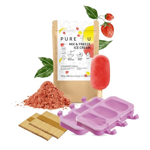 PURE4U BIO Mix&Freeze Erdbeereis Pulver für 500 ml Eis + Gratis 2 Silikonformen für 6 Eis am Stiel | Ohne Zuckerzusatz oder jegliche Zusatzstoffe | Leichte Zubereitung ohne Eismaschine von Pure4u