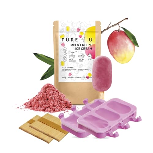 PURE4U BIO Mix&Freeze Mango-Himbeereis Pulver für 500 ml Eis + Gratis 2 Silikonformen für 6 Eis am Stiel | Ohne Zuckerzusatz oder jegliche Zusatzstoffe | Leichte Zubereitung ohne Eismaschine von Pure4u