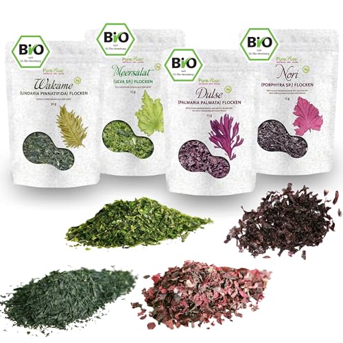 Bio Algen Flocken Set - Dulse Meersalat Nori Wakame Getrocknet Atlantik (Roh Vegan) Seetang Umami-Würze für Salat, Sushi, Dashi, Salzersatz, Snack - Organic Raw Dried Seaweed Flakes | PureRaw 95g von PureRaw