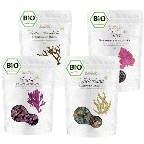 Bio Algen-Set - Meeresspaghetti Zuckertang Dulse-Blätter Nori-Flocken Getrocknet Atlantik (Roh Vegan) Seetang Kombu Kelp Umami für Dashi, Salzersatz - Organic Raw Dried Seaweed | PureRaw 90g von PureRaw