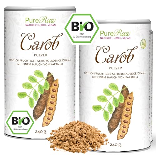Carobpulver Bio Vegan - Natürliche Süße,Ballaststoffreich, Koffeinfrei, Mineralien - Kakao Alternative für Trinkschokolade ohne Zucker - Johannisbrot Pulver Bio, Carob Powder | PureRaw 480g (=2x 240g) von PureRaw
