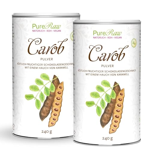 Carob-Pulver Bio Vegan Carobpulver - Kakao-Ersatz für Trinkschokolade ohne Zucker Koffeinfrei Fettarm - Natürlich Süß Ballaststoffreich Mineralien - Johannisbrotbaum Karob | PureRaw 480g (=2x 240g) von PureRaw