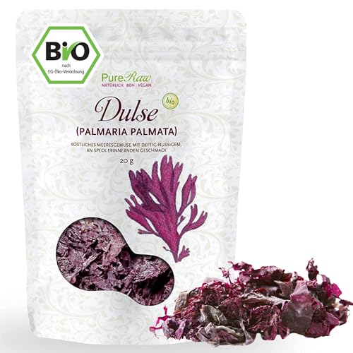 Dulse Bio Atlantik Algen Blätter (Wildsammlung Roh Vegan) Atlantischer Lappentang Rotalgen Stücke - Umami-Gemüse, Veganer Speck, Salzersatz - Organic Raw Wild Atlantic Seaweed | PureRaw 20g von PureRaw