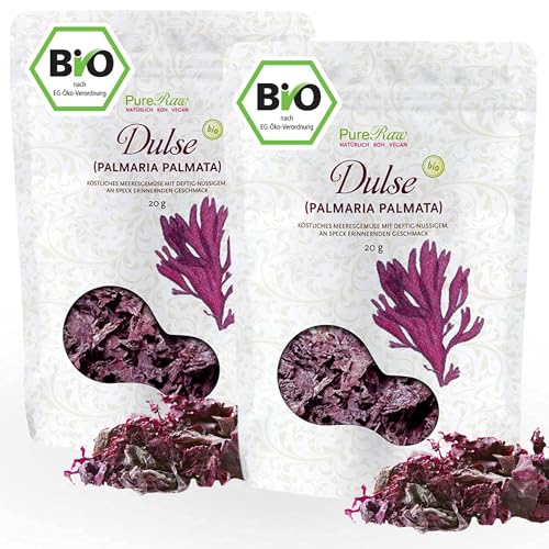 Dulse Bio Atlantik Algen Blätter (Wildsammlung Roh Vegan) Atlantischer Lappentang Rotalgen Stücke - Umami-Gemüse, Veganer Speck, Salzersatz - Organic Raw Wild Atlantic Seaweed | PureRaw 40g (=2x 20g) von PureRaw