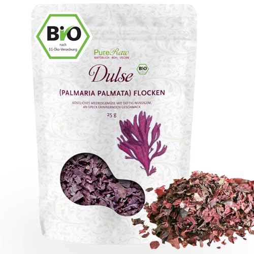 Dulse Flocken Bio Atlantik Algen (Wildsammlung Roh Vegan) Atlantischer Lappentang Rotalgen - Umami-Würze, Veganer Speck, Snack, Salzersatz - Organic Raw Wild Atlantic Seaweed Flakes | PureRaw 25g von PureRaw