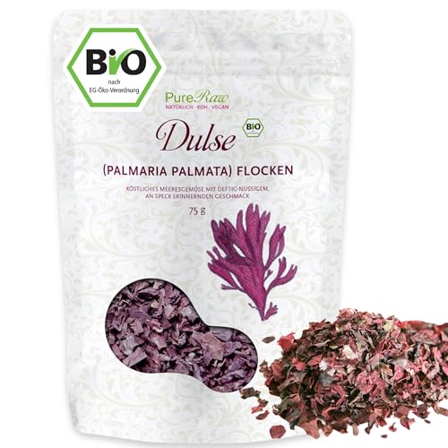 Dulse Flocken Bio Atlantik Algen (Wildsammlung Roh Vegan) Atlantischer Lappentang Rotalgen - Umami-Würze, Veganer Speck, Snack, Salzersatz - Organic Raw Wild Atlantic Seaweed Flakes | PureRaw 75g von PureRaw