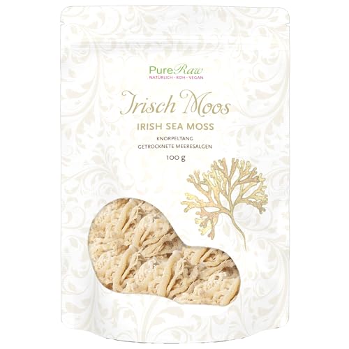 Irish Moos Sea Moss Knorpeltang (Wildsammlung Vegan Roh) Carrageen Algen, Pflanzliche Gelatine, Emulgator, Verdickungsmittel, Algensalat - Irisch Moss Weiß Farblos Seemoos | PureRaw 100g von PureRaw