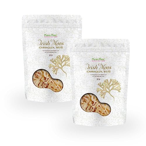 Irish Moos Sea Moss Knorpeltang (Wildsammlung Vegan Roh) Carrageen Algen, Pflanzliche Gelatine, Emulgator, Verdickungsmittel, Algensalat - Irisch Moss Weiß Seemoos | PureRaw 100g (=2x 50g) von PureRaw