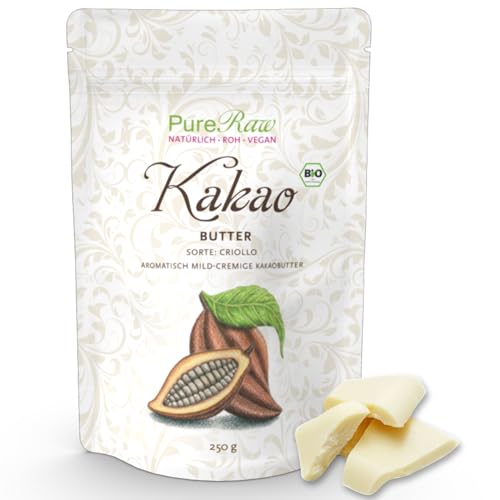 Kakaobutter Bio für Schokolade + Kosmetik Criollo (Roh Vegan) Weiße Schokolade Ohne Zucker - Kakao Butter Unraffiniert Lebensmittelqualität - Cocoa Butter Organic Cacao White Chocolate | PureRaw 250g von PureRaw