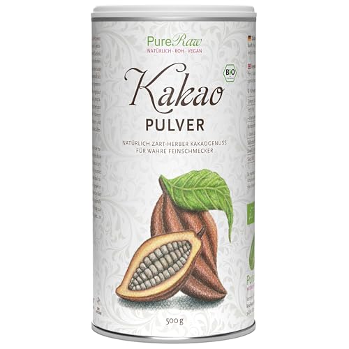 Kakaopulver (Bio Vegan) Reiner Kakao aus Ghana Trinkschokolade Kakao Ohne Zucker Backkakao - Besonders Mild, Säurearm, Stark Entölt - Theobroma Cocoa Organic Cacao Powder | PureRaw 500g von PureRaw