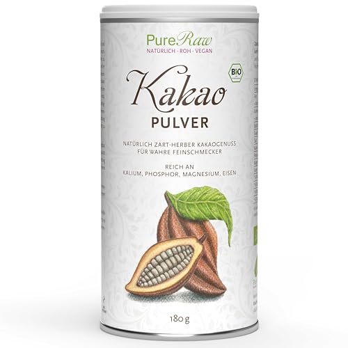 Kakaopulver (Bio Vegan) Reiner Kakao aus Ghana Trinkschokolade Kakao Ohne Zucker Backkakao - Besonders Mild, Säurearm, Stark Entölt - Theobroma Cocoa Organic Cacao Powder | PureRaw 180g von PureRaw