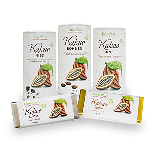 Kakao-Set zum Schokolade Selber Machen oder Knabbern (Bio Roh Vegan) Criollo Edelkakao - Nibs, Bohnen, Butter, Liquor, Pulver - Organic Raw Cocoa Chocolate Bundle | PureRaw 1180g von PureRaw