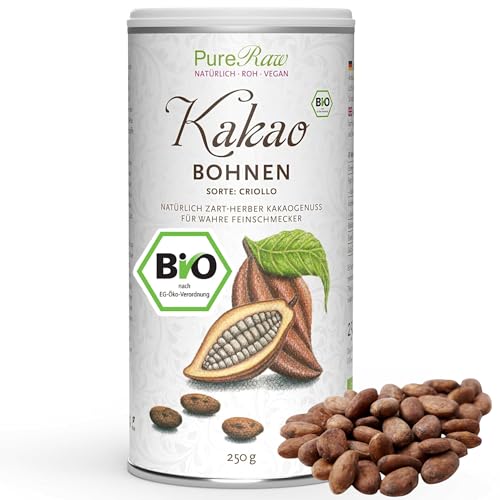 Kakaobohnen Criollo (Bio Roh Vegan) Ganze Kakao-Bohnen Ungeröstet - Als Toppings für Porridge, Backfeste Schokodrops oder zum Knabbern - Theobroma Cacao Organic Raw Whole Cocoa Beans | PureRaw 250g von PureRaw
