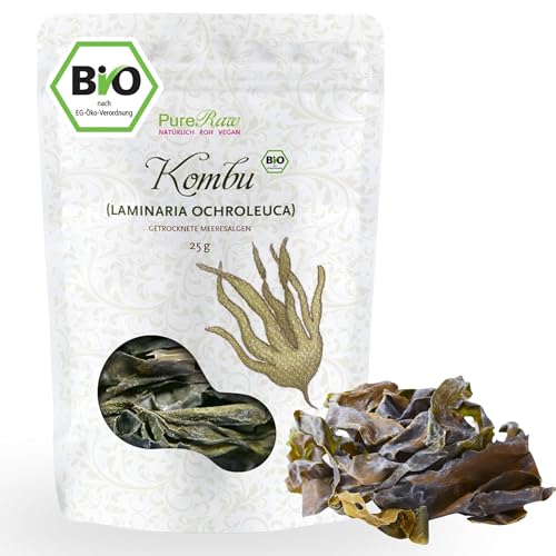 Kombu Algen Blätter Bio Kelp Atlantik Getrocknet (Wildsammlung Roh Vegan) Seetang für Dashi Brühe, Miso Suppe, Umami, Sushi, Algensalat - Atlantic Seaweed Organic Raw Wild | PureRaw 25g von PureRaw