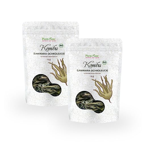 Kombu Algen Blätter Bio Kelp Atlantik Getrocknet (Wildsammlung Roh Vegan) Seetang für Dashi Brühe, Miso Suppe, Umami, Sushi, Algensalat - Atlantic Seaweed Organic Raw Wild | PureRaw 50g (=2x25g) von PureRaw