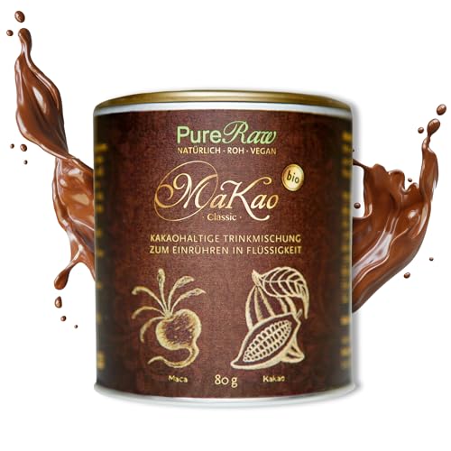 MaKao Classic Kakao Maca Lucuma Carob (Bio Roh Vegan) Trinkschokolade ohne Zucker Kaffeeersatz Heiße Schokolade Schokomilch Superfood Getränkepulver - Hot Chocolate Cacao Drink Powder | PureRaw 80g von PureRaw