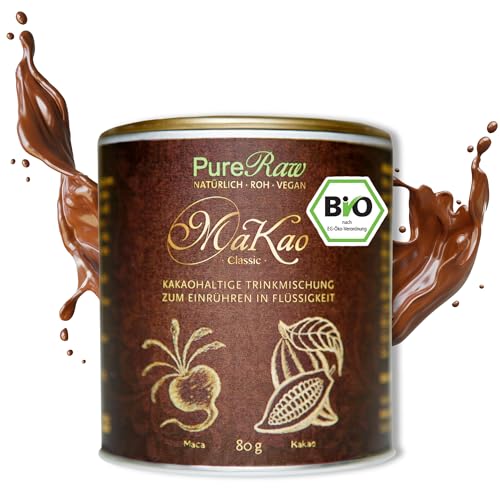 MaKao Classic Kakao Maca Lucuma Carob (Bio Roh Vegan) Trinkschokolade ohne Zucker Kaffeeersatz Heiße Schokolade Schokomilch Superfood Getränkepulver - Hot Chocolate Cacao Drink Powder | PureRaw 80g von PureRaw