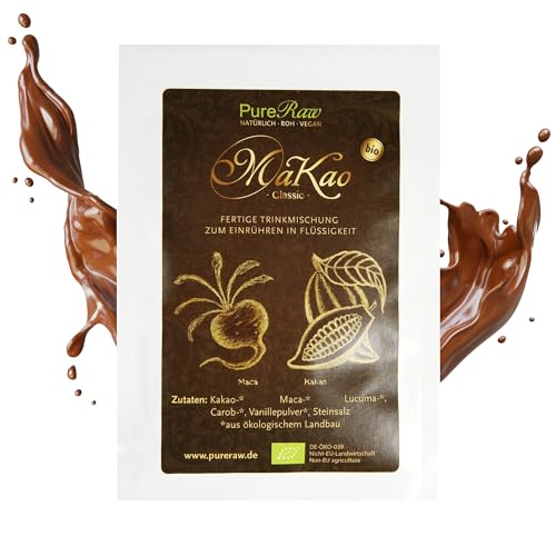 MaKao Classic Kakao Maca Lucuma Carob (Bio Roh Vegan) Trinkschokolade ohne Zucker Kaffeeersatz Heiße Schokolade Schokomilch Superfood Getränkepulver - Hot Chocolate Cacao Drink Powder | PureRaw 8g von PureRaw