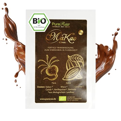 MaKao Classic Kakao Maca Lucuma Carob (Bio Roh Vegan) Trinkschokolade ohne Zucker Kaffeeersatz Heiße Schokolade Schokomilch Superfood Getränkepulver - Hot Chocolate Cacao Drink Powder | PureRaw 8g von PureRaw