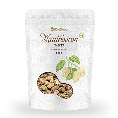 Premium Maulbeeren Getrocknet Bio (Roh Vegan) Weiße Maulbeere Morus Alba Maulbeerbaum-Früchte - Trockenobst Ohne Zucker-Zusatz aus der Türkei - Organic Raw White Mulberries Dried Fruit | PureRaw 200g von PureRaw