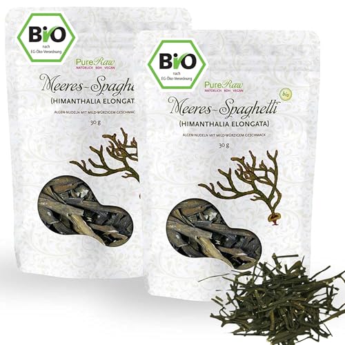 Meeresspaghetti Algen-Nudeln Bio Atlantik Premiumqualität (Glutenfrei Roh Vegan Paleo) Algennudeln Mild-Würziger Riementang - Organic Raw Sea Spaghetti Dried Seaweed Noodles | PureRaw 60g (=2x 30g) von PureRaw