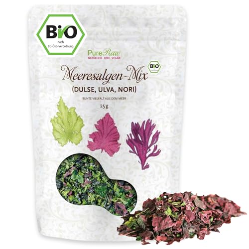 Meeresalgen-Mix Bio Algen-Flocken Getrocknet Atlantik - Dulse Ulva Meersalat Nori (Roh Vegan) Seetang Mischung Umami-Würze für Salat, Dashi, Salzersatz - Organic Raw Dried Seaweed Flakes | PureRaw 25g von PureRaw