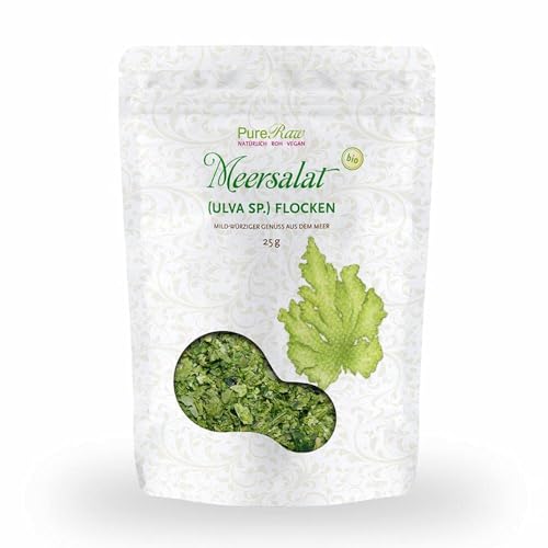 Meersalat Ulva Bio Algen-Flocken Getrocknet Atlantik (Roh Vegan) Meerlattich Milde Grünalgen als Gewürz, Salzersatz, Seetang-Snack - Organic Raw Atlantic Dried Seaweed Sea Lettuce Flakes | PureRaw 25g von PureRaw