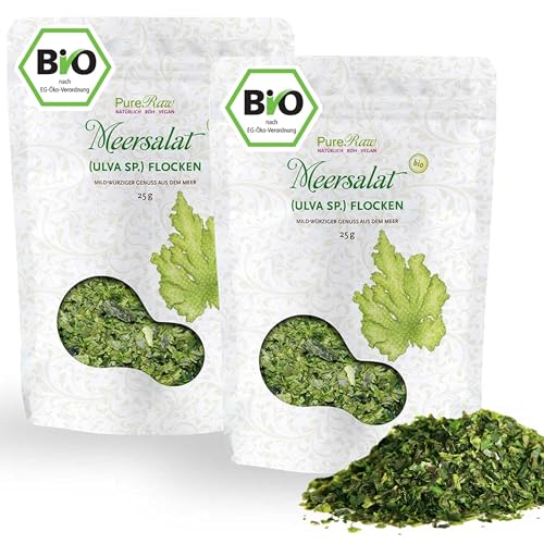 Meersalat Ulva Bio Algen-Flocken Getrocknet Atlantik (Roh Vegan) Meerlattich Milde Grünalgen als Umami-Würze, Salzersatz - Organic Raw Atlantic Dried Seaweed Sea Lettuce Flakes | PureRaw 50g (=2x 25g) von PureRaw