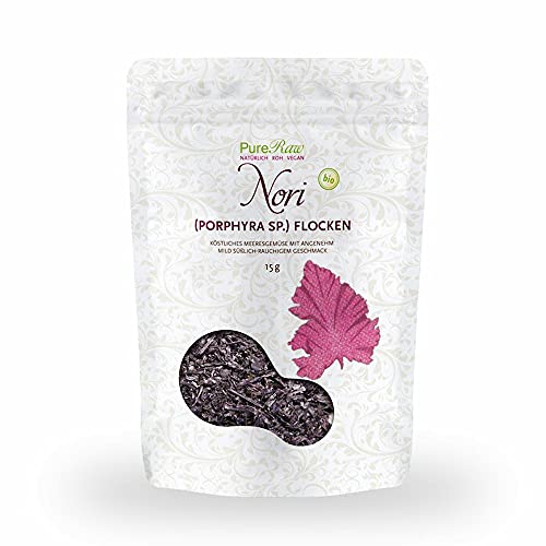 Nori-Flocken Bio Rotalgen Getrocknet (Roh Vegan) Nori-Algen Umami-Würze für Sushi, Miso Suppe, Dashi Brühe, Gerichte, Salzersatz - Porphyra Purpurtang - Organic Raw Seaweed Flakes | PureRaw 15g von PureRaw