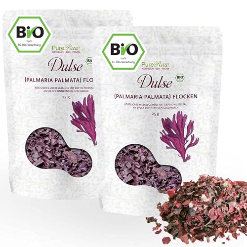 Dulse Flocken Bio Atlantik Algen (Wildsammlung Roh Vegan) Atlantischer Lappentang Rotalgen - Umami-Würze, Veganer Speck, Salzersatz - Organic Raw Wild Atlantic Seaweed Flakes | PureRaw 50g (= 2x 25g) von PureRaw