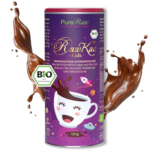 RawKao Kids Trinkschokolade ohne Zucker mit Carob Kakao Yacon Lucuma Maca (Bio Roh Vegan) Heiße Schokolade Schokomilch Superfood Getränkepulver - Cocoa Powder Cacao Drink Mix | PureRaw 170g von PureRaw