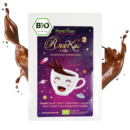 RawKao Kids Trinkschokolade ohne Zucker mit Carob Kakao Yacon Lucuma Maca (Bio Roh Vegan) Heiße Schokolade Schokomilch Superfood Getränkepulver - Cocoa Powder Cacao Drink Mix | PureRaw 8g von PureRaw