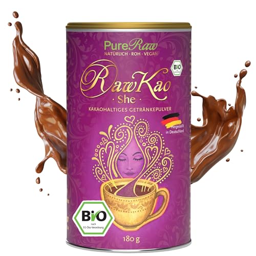 RawKao She Shatavari Trinkschokolade ohne Zucker (Bio Roh Vegan) Moon Milk Getränkepulver Heiße Schokolade Kaffeeersatz Kakao Pulver Energy Drink für Frauen - Cacao Drink Powder | PureRaw 180g von PureRaw