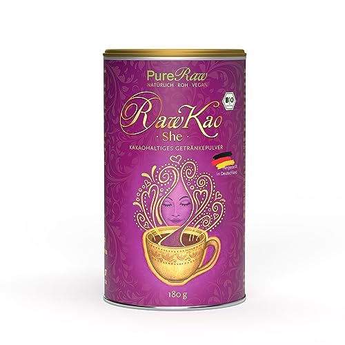 RawKao She Shatavari Trinkschokolade ohne Zucker (Bio Roh Vegan) Moon Milk Getränkepulver Heiße Schokolade Kaffeeersatz Kakao Pulver Energy Drink für Frauen - Cacao Drink Powder | PureRaw 180g von PureRaw