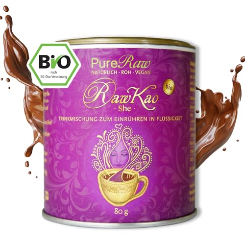 RawKao She Shatavari Trinkschokolade ohne Zucker (Bio Roh Vegan) Moon Milk Getränkepulver Heiße Schokolade Kaffeeersatz Kakao Pulver Energy Drink für Frauen - Cacao Drink Powder | PureRaw 80g von PureRaw