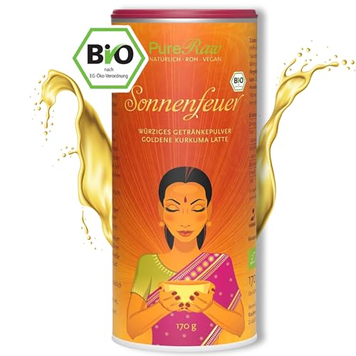 Sonnenfeuer Goldene Milch (Bio Roh Vegan) Superfood-Getränkepulver ohne Zucker mit Lucuma Kurkumin Ingwer Piperin - Kurkuma Latte Pulver Golden Milk - Chai Drink Powder | PureRaw 170g von PureRaw