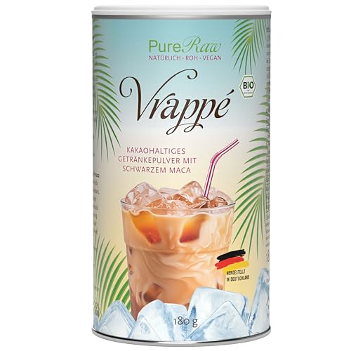 Vrappé Maca Kakao Kaffeeersatz Eiskaffee Pulver (Bio Vegan Roh) Superfood-Getränkepulver wie Frappe Kalter Griechischer Instant Kaffee Cold Brew Eiscafe Koffeinfrei - Iced No-Coffee | PureRaw 180g von PureRaw