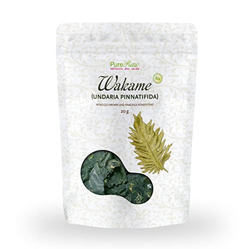 Wakame Algen Blätter Bio Getrocknet (Roh Vegan) Meeresgemüse für Wakame Salat, Dashi Brühe, Miso Suppe, Sushi, Algensalat - Undaria Pinnatifida Braunalgen - Organic Raw Wild Seaweed | PureRaw 20g von PureRaw