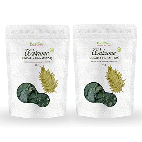 Wakame Algen Blätter Bio Getrocknet (Roh Vegan) Meeresgemüse für Wakame Salat, Dashi Brühe, Miso Suppe, Algensalat - Undaria Pinnatifida Braunalgen - Organic Raw Wild Seaweed | PureRaw 40g (= 2x 20g) von PureRaw