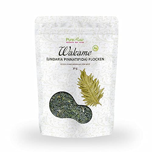 Wakame Algen Flocken Bio Getrocknet (Roh Vegan) Umami-Würze für Salat, Sushi, Dashi, Snack, Salzersatz - Undaria Pinnatifida Braunalge - Seaweed Flakes Raw Wild | PureRaw 30g von PureRaw