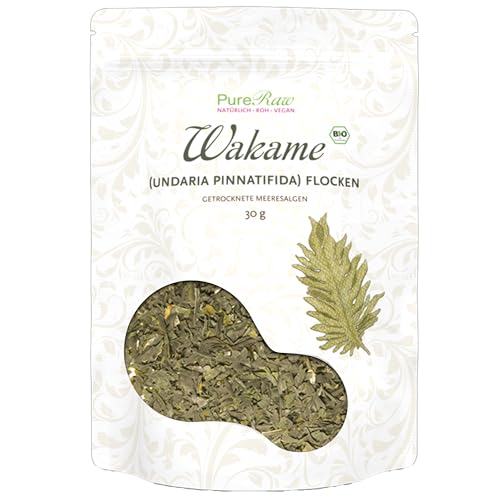 Wakame Algen Flocken Bio Getrocknet (Roh Vegan) Umami-Würze für Salat, Sushi, Dashi, Snack, Salzersatz - Undaria Pinnatifida Braunalge - Seaweed Flakes Raw Wild | PureRaw 30g von PureRaw