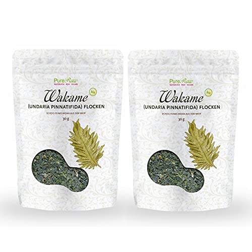 Wakame Algen Flocken Bio Getrocknet (Roh Vegan) Umami-Würze für Salat, Sushi, Dashi, Snack, Salzersatz - Undaria Pinnatifida Braunalge - Seaweed Flakes Raw Wild | PureRaw 60g (=2x 30g) von PureRaw